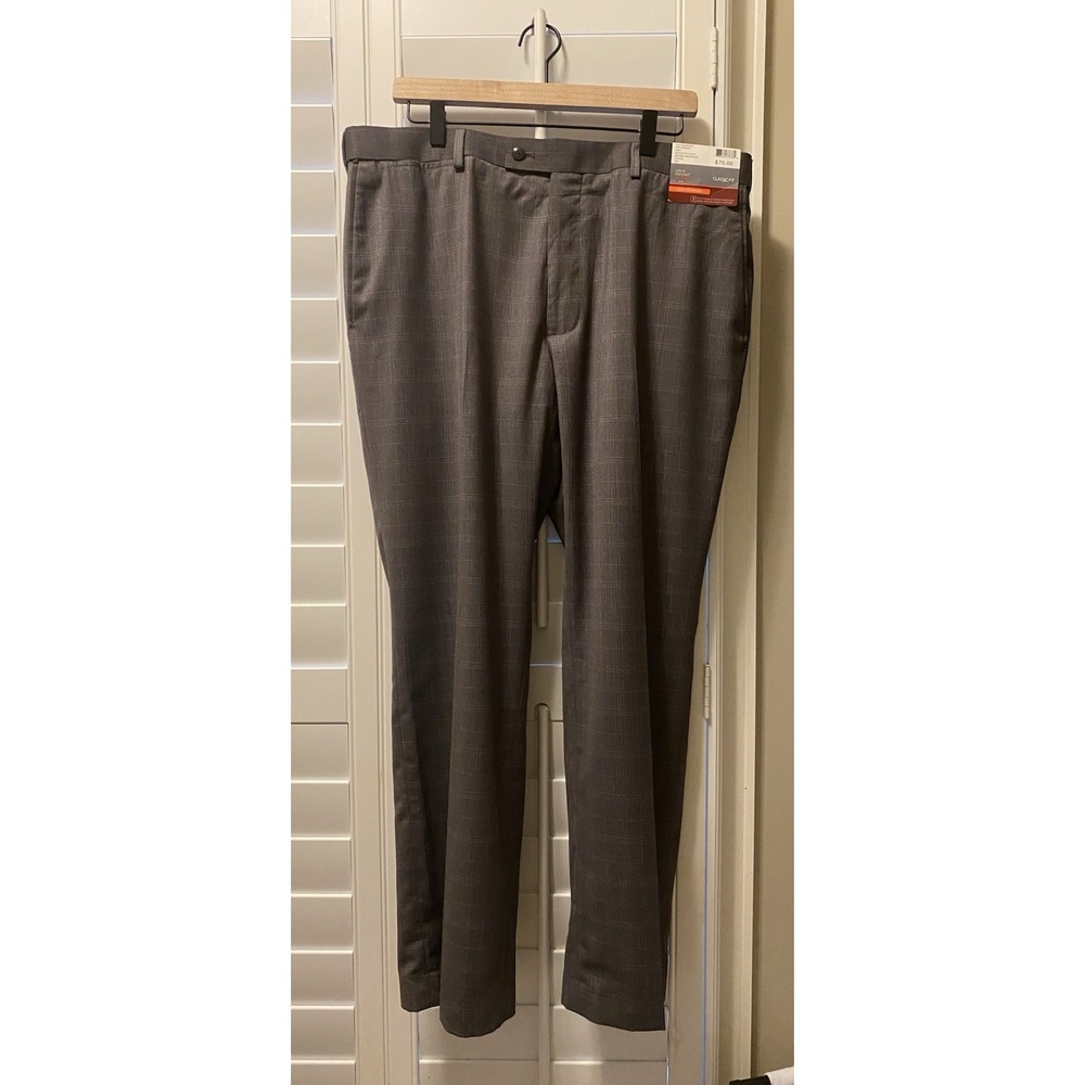 Louis Raphael Rosso Mens 38x30‎ Heather Gray Window Pane Classic Fit Flat Front
